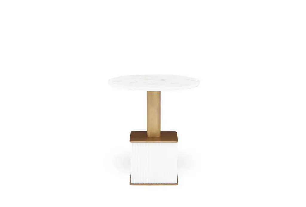 Esta Round Marble-Effect Side Table – White & Bronze Base