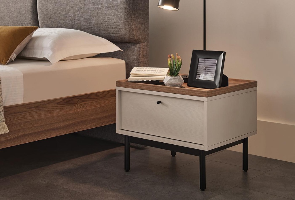 Loreto Modern Bedside Table Off-White & Walnut